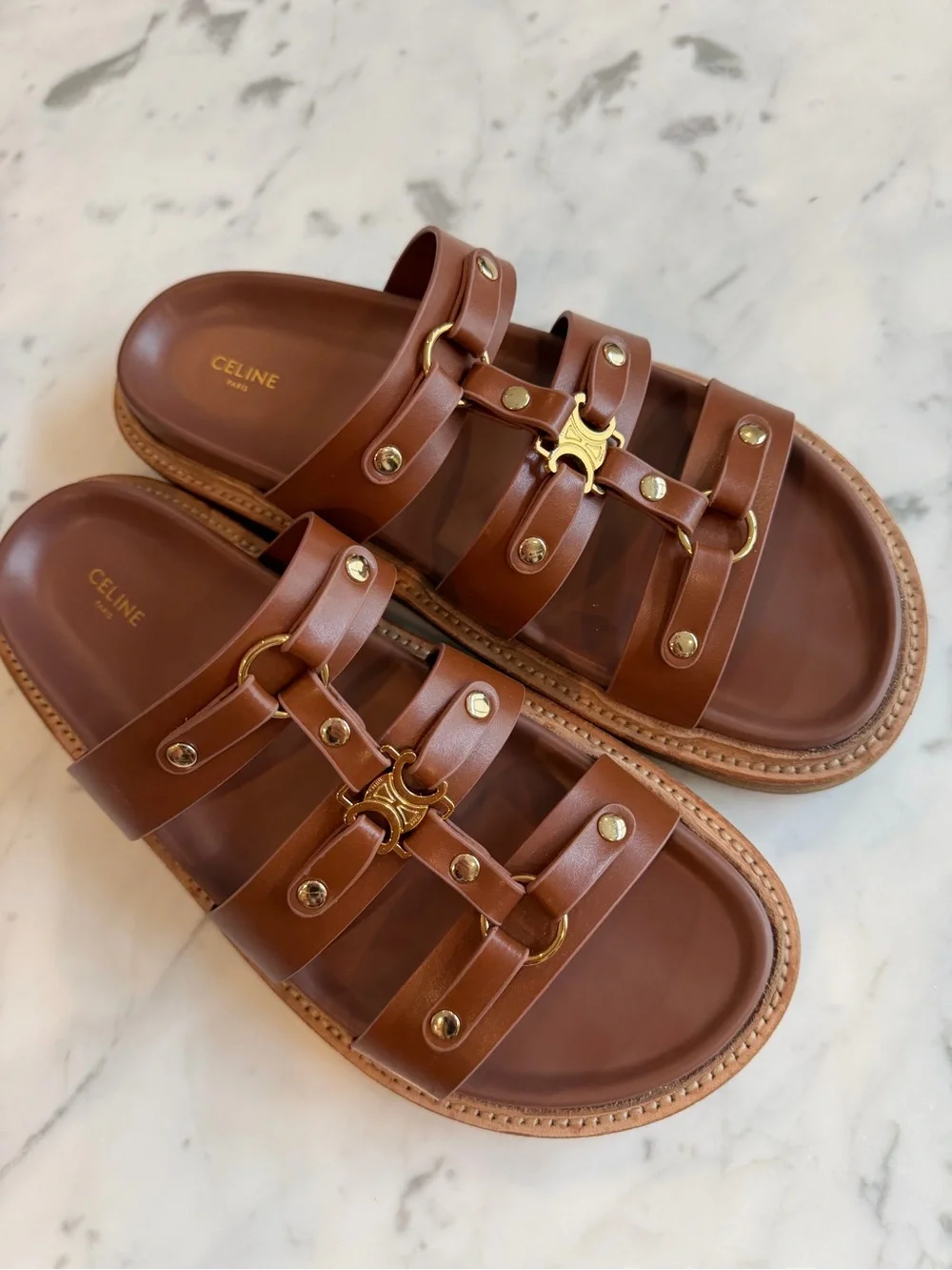 Celine Brown Leather Triple-Strap Slide Sandals size 39/8